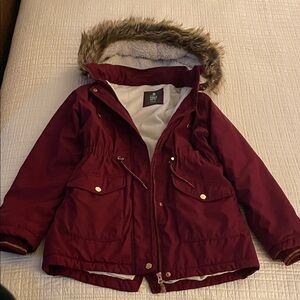 Burgundy Kids Jacket with Faux Fur Hood